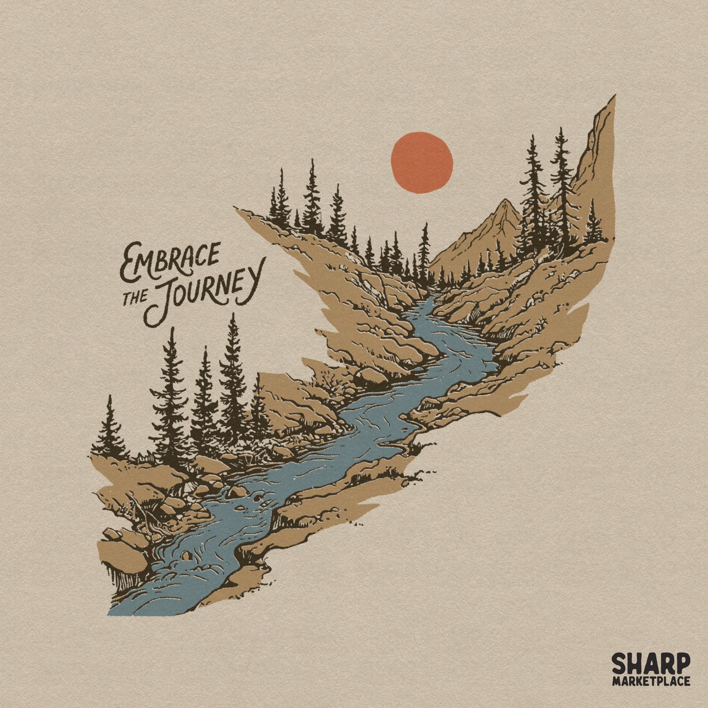 Vintage mountain river landscape with retro pine trees and summer hiking adventure theme for camping t-shirt designs