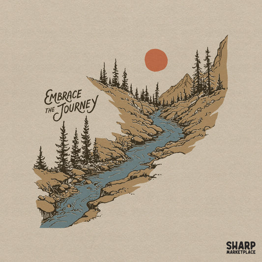 Vintage mountain river landscape with retro pine trees and summer hiking adventure theme for camping t-shirt designs
