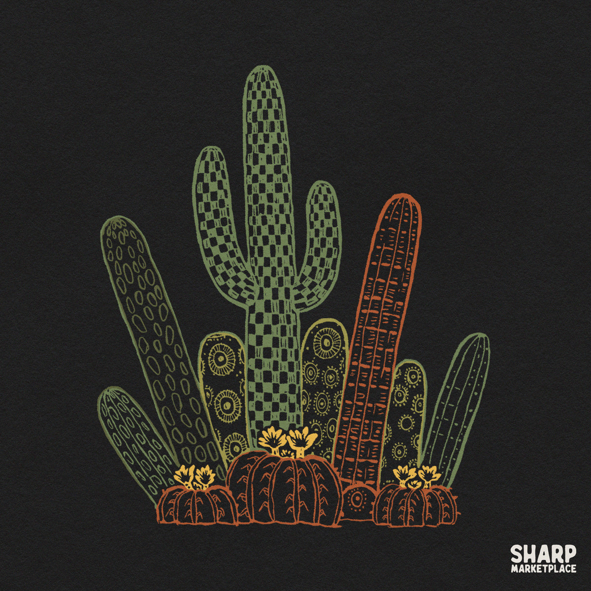 Vintage green desert cactus cluster graphic for retro western flora sublimation and t-shirt prints