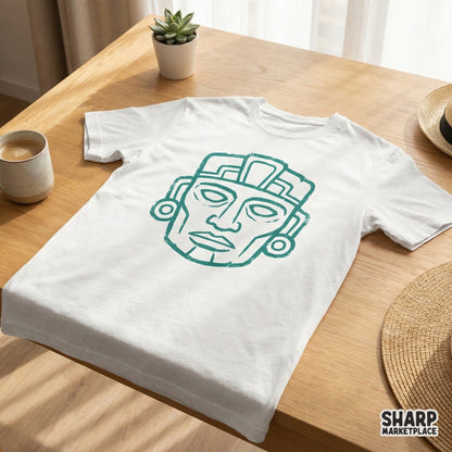 Distressed teal Aztec face mask graphic printed on a white t-shirt mockup, perfect for custom apparel, sublimation, and ethnic style DIY projects.