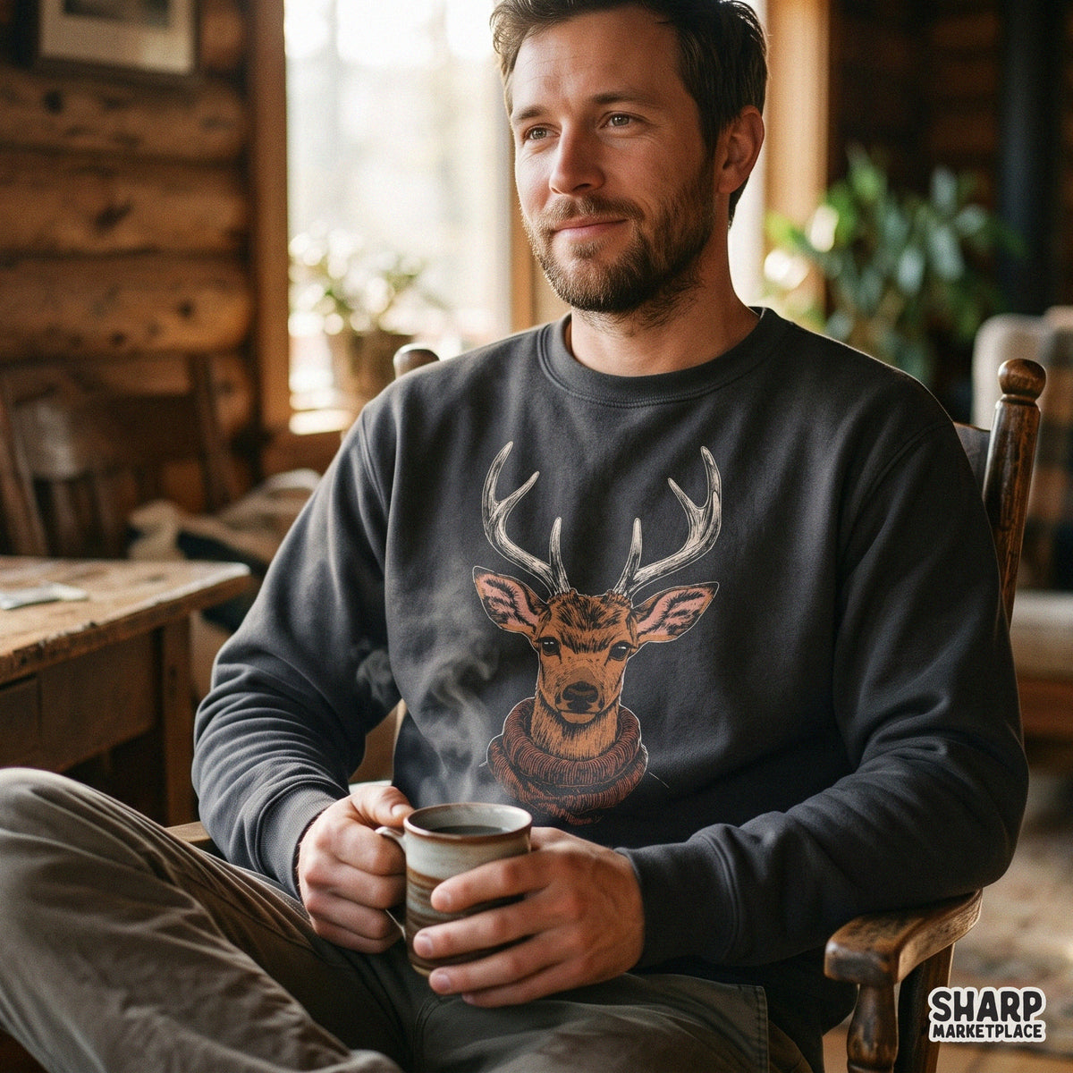 Cozy Forest Buck Deer In Turtleneck Sweater, Sublimation
