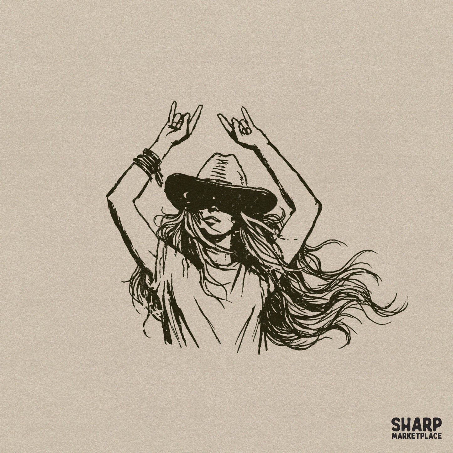 Detailed line art of a cowgirl in a wide-brimmed hat with windblown hair and hands raised in rock-and-roll signs, perfect for western apparel.