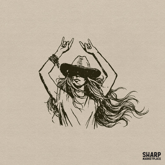 Detailed line art of a cowgirl in a wide-brimmed hat with windblown hair and hands raised in rock-and-roll signs, perfect for western apparel.