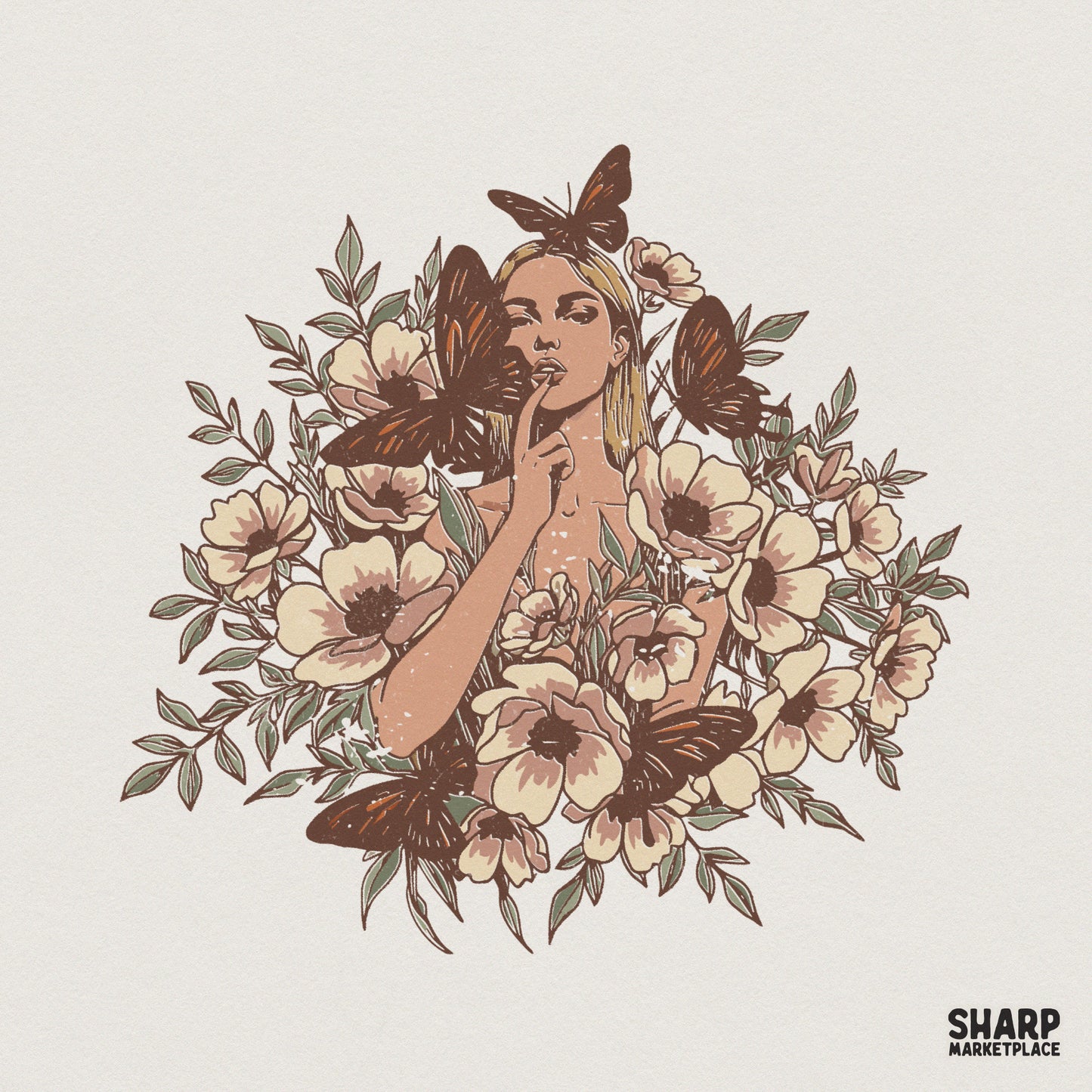 Boho woman illustration surrounded by butterflies and flowers in muted sage, cream, and rusty orange for sublimation and apparel printing.