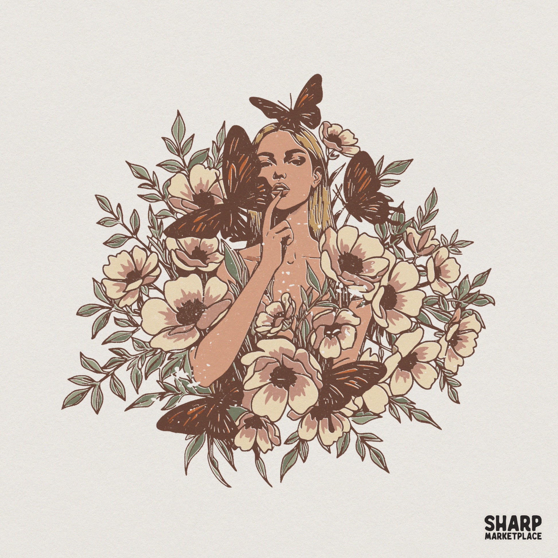 Boho woman illustration surrounded by butterflies and flowers in muted sage, cream, and rusty orange for sublimation and apparel printing.