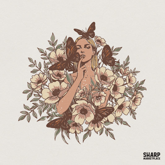 Boho woman illustration surrounded by butterflies and flowers in muted sage, cream, and rusty orange for sublimation and apparel printing.