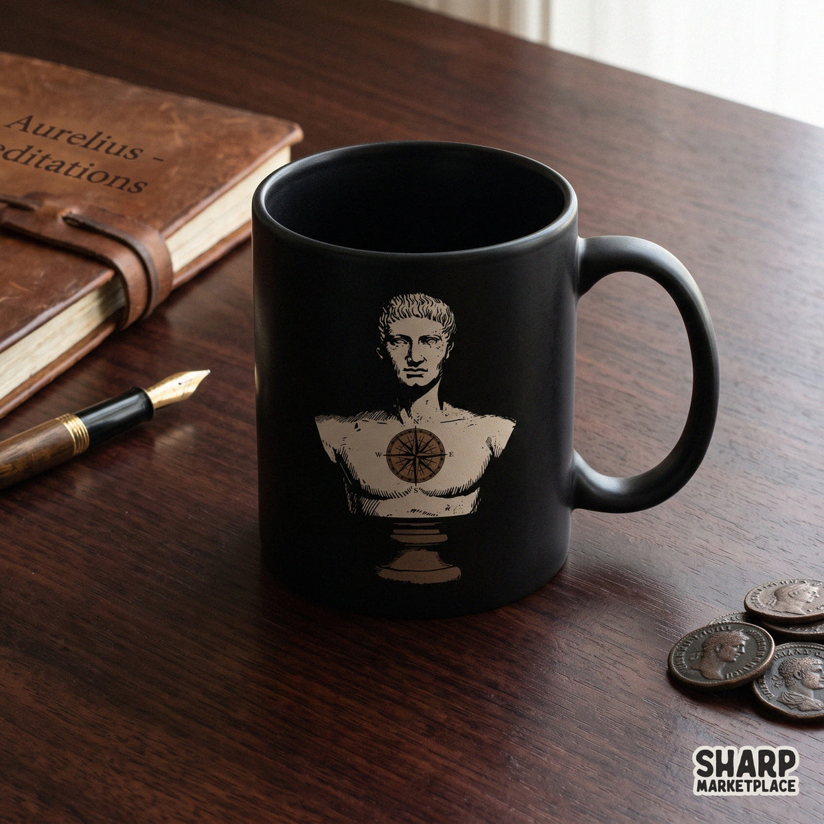 Classical Roman bust with compass rose and map graphic in dark academia style for shirt and tumbler sublimation PNG