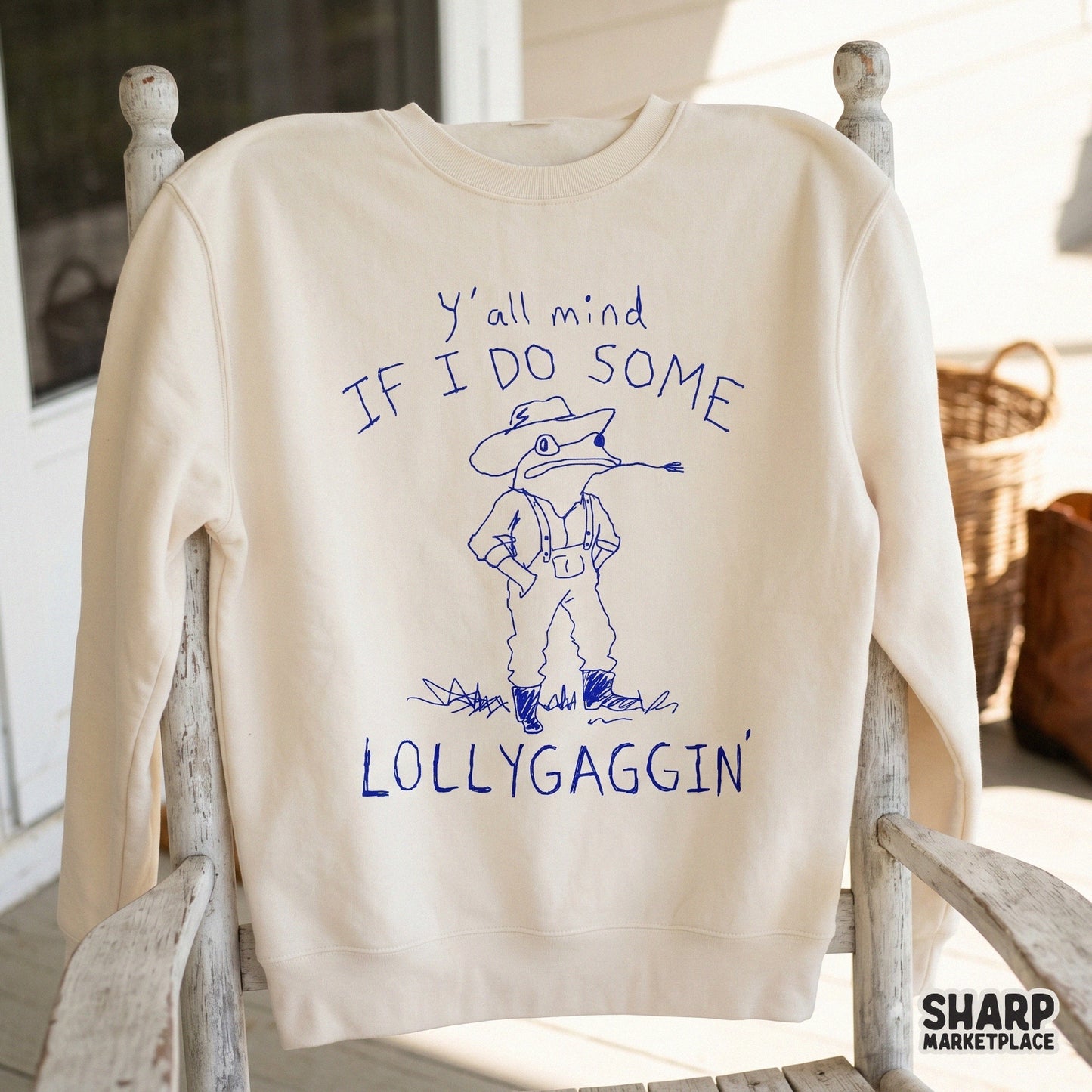 Whimsical cowboy frog illustration in a blue monochromatic doodle style, perfect for sublimation transfers, funny meme stickers, or custom apparel.