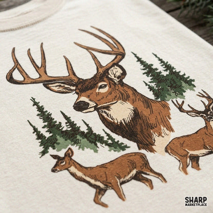 Vintage buck and deer in pine forest wildlife graphic for fall hunting png sublimation t-shirt designs