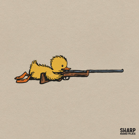 Sniper duckling aiming a rifle in prone position funny hunting PNG clipart for t-shirts and outdoor apparel
