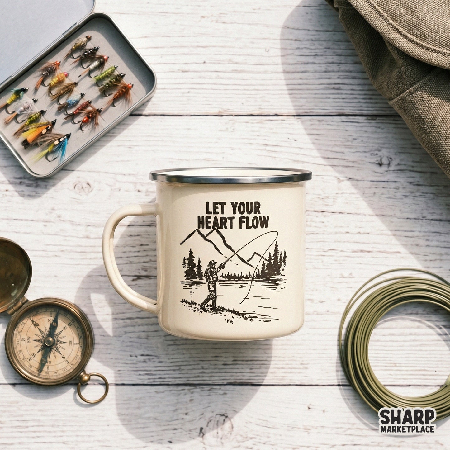 Digital sublimation design showing a solitary fisherman at a lake with mountain backdrop, perfect for nature-themed apparel or rustic decor.