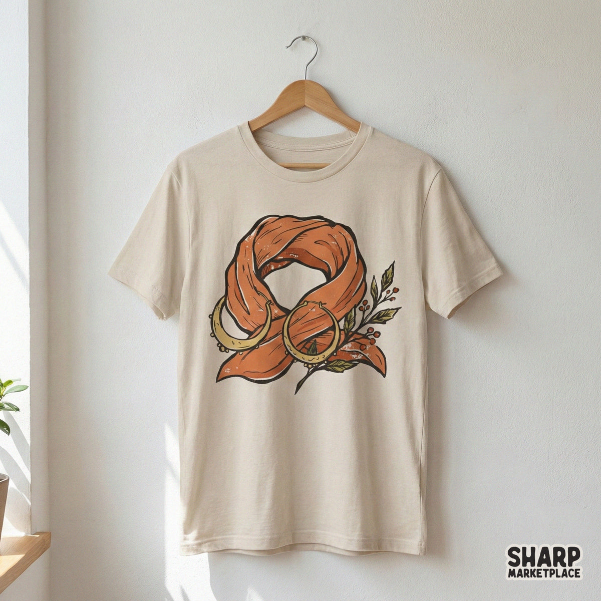 Boho-themed digital illustration featuring a textured orange scarf, golden moon earrings, and leaves, ideal for stickers, tumblers, and DIY crafts.