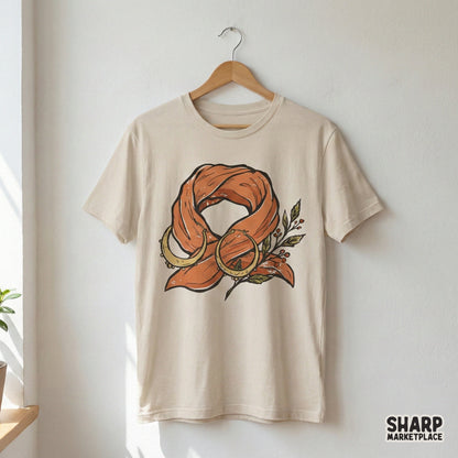 Boho-themed digital illustration featuring a textured orange scarf, golden moon earrings, and leaves, ideal for stickers, tumblers, and DIY crafts.