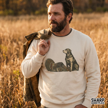 Vintage hunting dog and wild turkey artwork sublimation design for Thanksgiving shirts