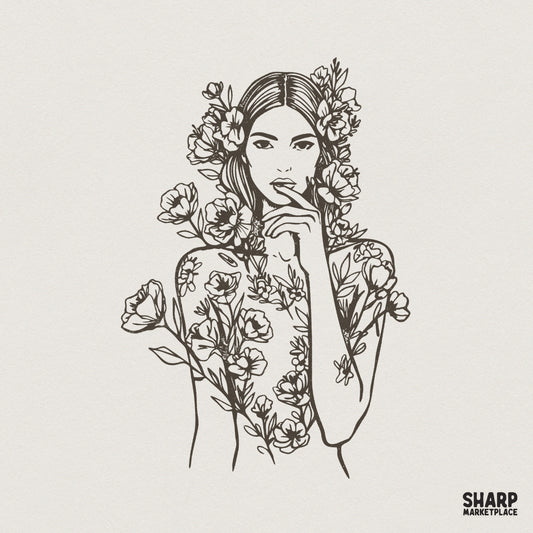Minimalist black and white line art of a woman with blooming flowers intertwined in her hair and torso, perfect for boho apparel or wall art prints.