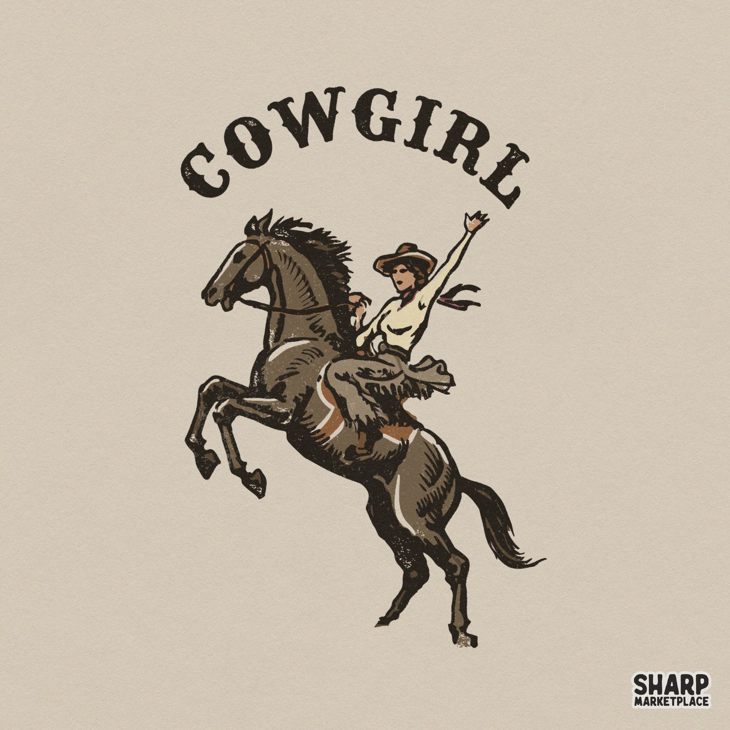 Vintage woodcut style illustration of a cowgirl riding a rearing horse with the arched text Cowgirl above, in earthy brown and tan tones.