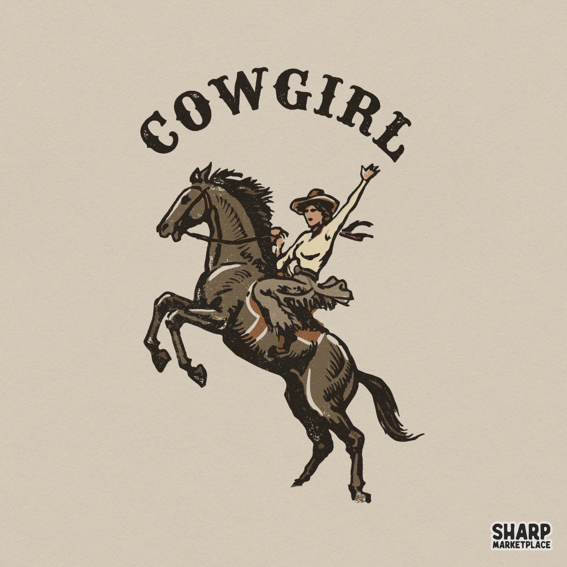 Vintage woodcut style illustration of a cowgirl riding a rearing horse with the arched text Cowgirl above, in earthy brown and tan tones.