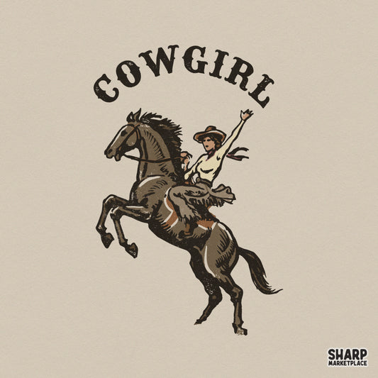 Vintage woodcut style illustration of a cowgirl riding a rearing horse with the arched text Cowgirl above, in earthy brown and tan tones.