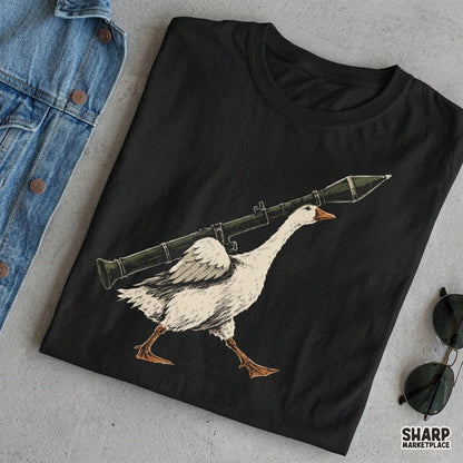 Sarcastic white goose walking with a rocket launcher, funny animal meme PNG for t-shirt sublimation