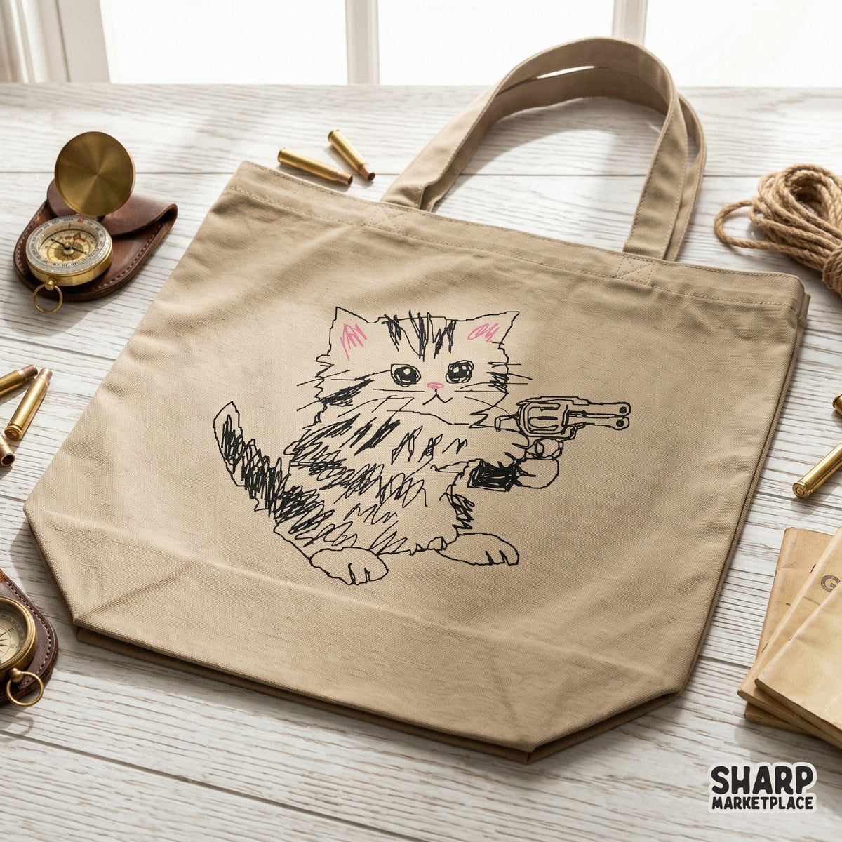Cute yet chaotic kitten graphic with a toy gun, featuring a unique scribbled art style suitable for DIY crafts, tumblers, and apparel prints.