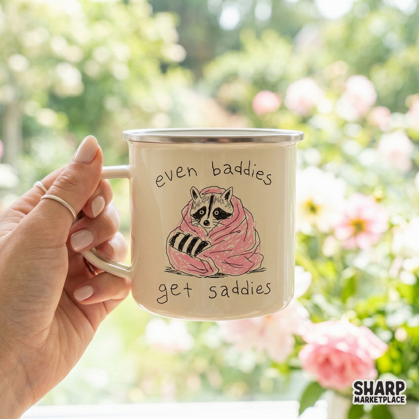 Trendy digital illustration of a sad raccoon in a pink blanket with handwritten text, ideal for sublimation, custom t-shirts, and DIY gift projects.