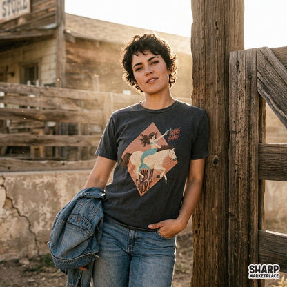 Funny retro western cowgirl mermaid riding a horse PNG graphic for quirky summer t-shirt sublimation designs