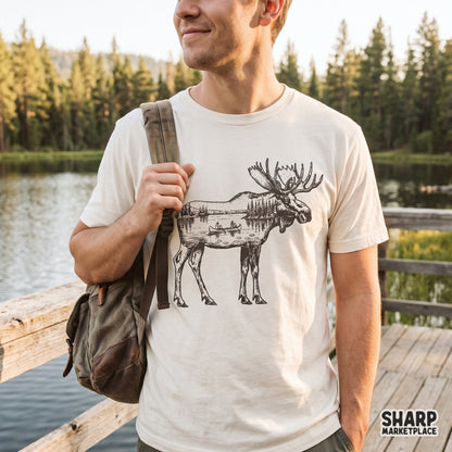Vintage linocut moose double exposure nature sublimation design featuring a scenic canoe lake and pine trees