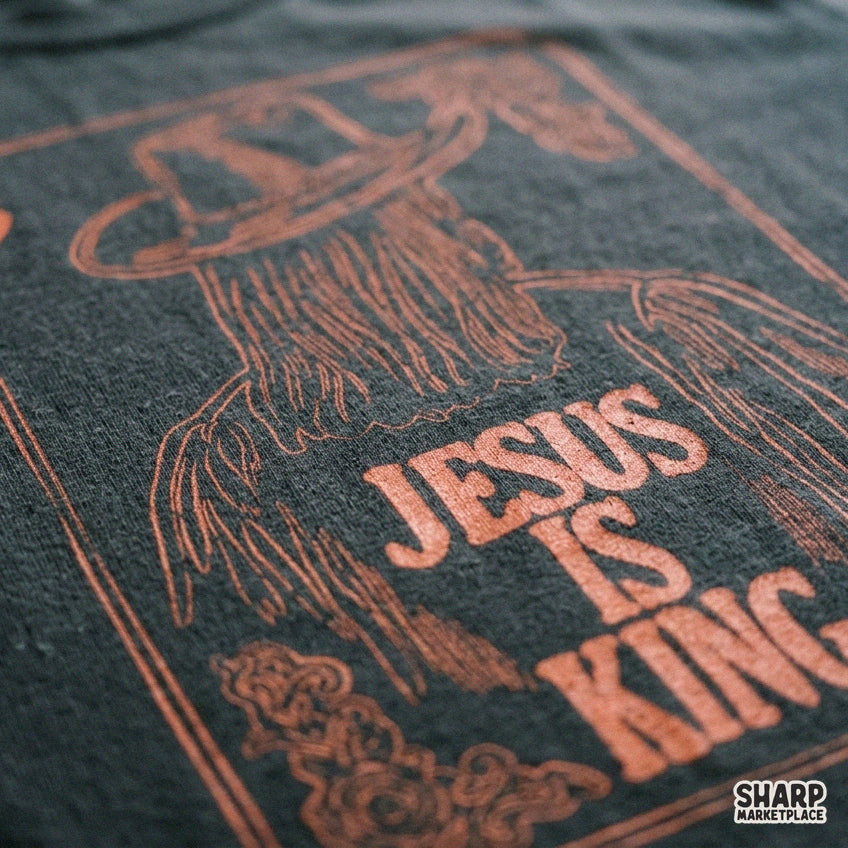 Jesus Is King western playing card PNG design featuring retro Christian cowboy artwork for shirt DTF printing
