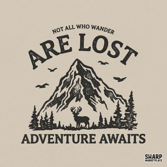Distressed black ink mountain and deer graphic with the quote Not All Who Wander Are Lost and Adventure Awaits for apparel or sublimation.