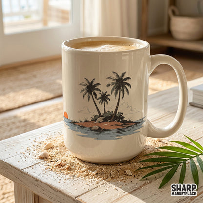 Serene island escape digital design with palm trees and orange sun, perfect for custom summer apparel, sublimation projects, and seasonal gifts.