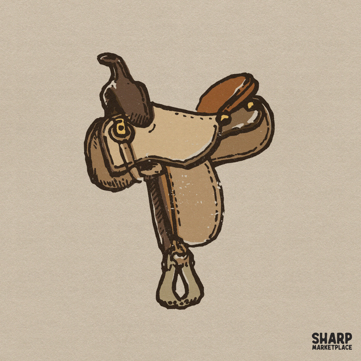 Hand-drawn vintage western saddle illustration with rustic tan and brown tones, featuring distressed outlines for a classic ranch aesthetic.