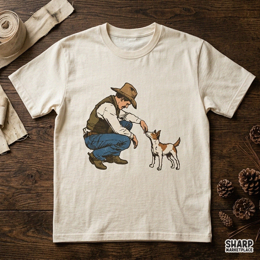 Vintage western png illustration of a country cowboy crouching to pet his hound dog for ranch life t-shirts