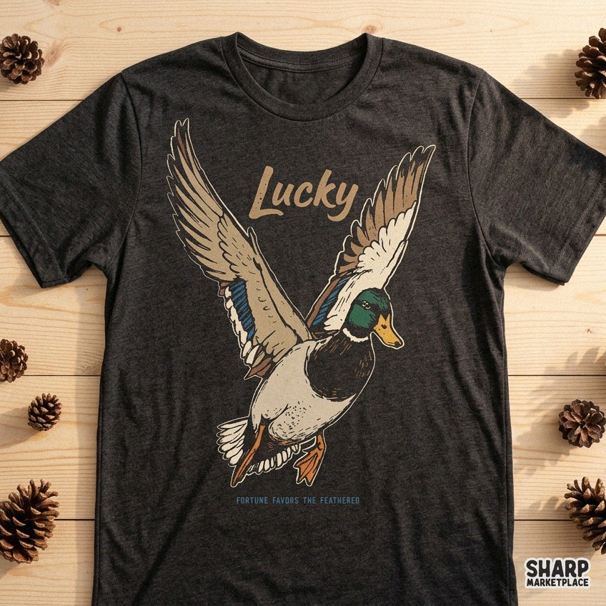 Vintage mallard duck graphic with lucky fortune favors the feathered text for western shirt sublimation