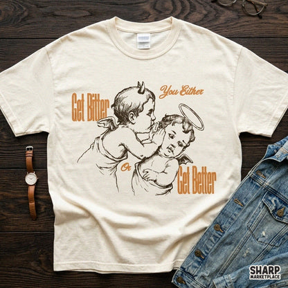 Get Bitter Or Get Better sarcastic vintage cherub design for retro t-shirts and summer sublimation PNG prints