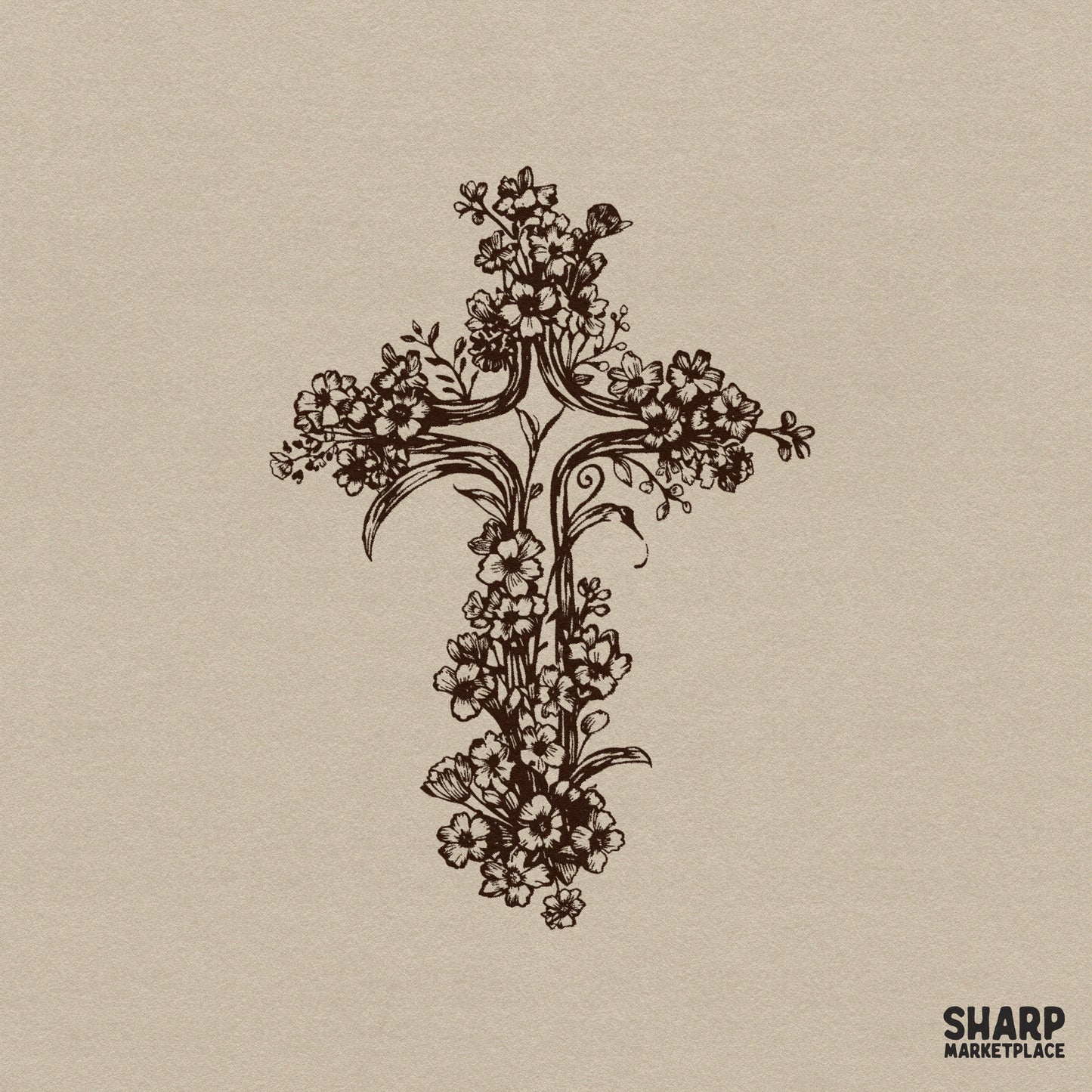 Hand-drawn botanical cross illustration with delicate wildflowers and curling vines in a vintage sepia ink sketch style for Christian projects.