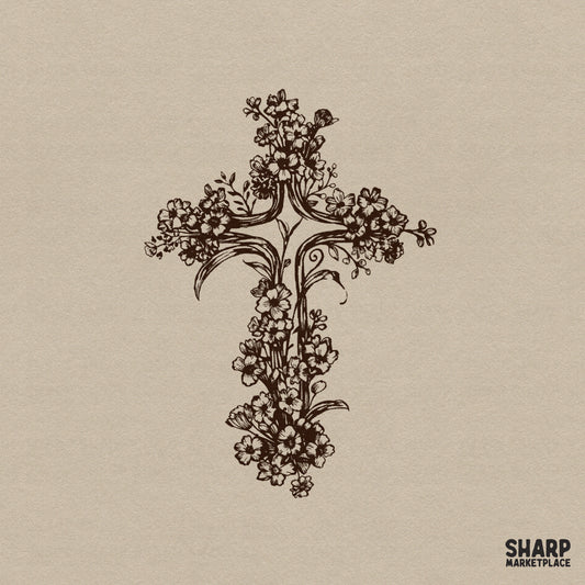 Hand-drawn botanical cross illustration with delicate wildflowers and curling vines in a vintage sepia ink sketch style for Christian projects.