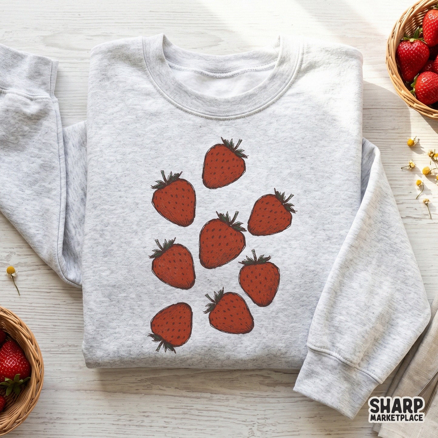 Digital strawberry illustration with vintage cross-hatching details, suitable for sublimation, stickers, and rustic fruit-themed apparel.