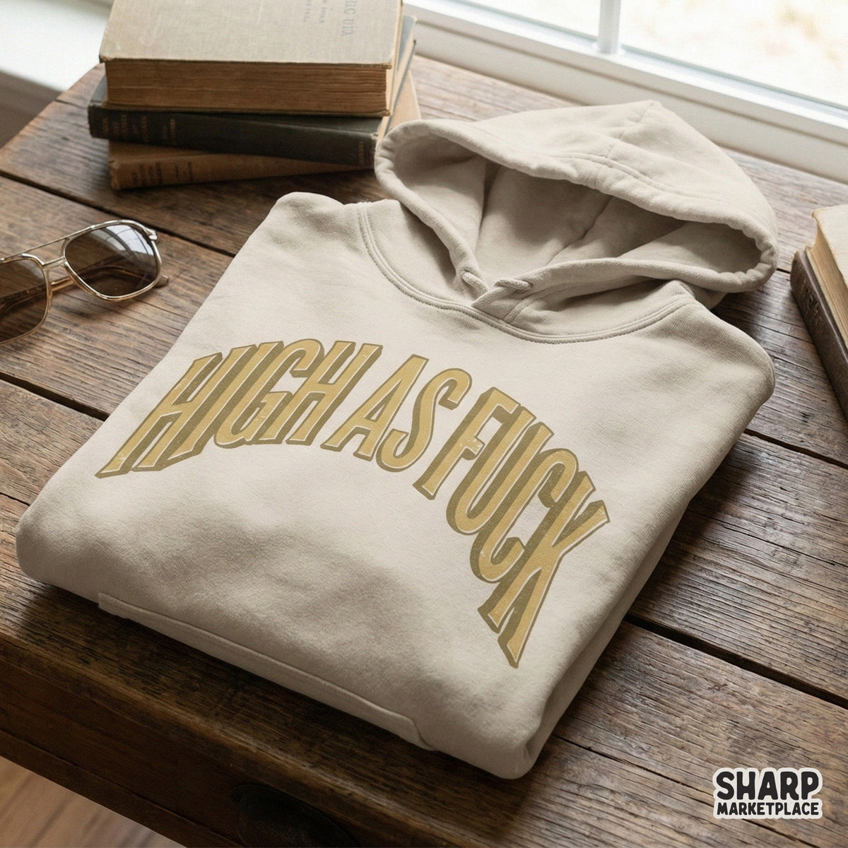 Distressed mustard gold arched text design with a heavy 3D drop shadow, perfect for cannabis themed sublimation transfers, stickers, or custom shirts.