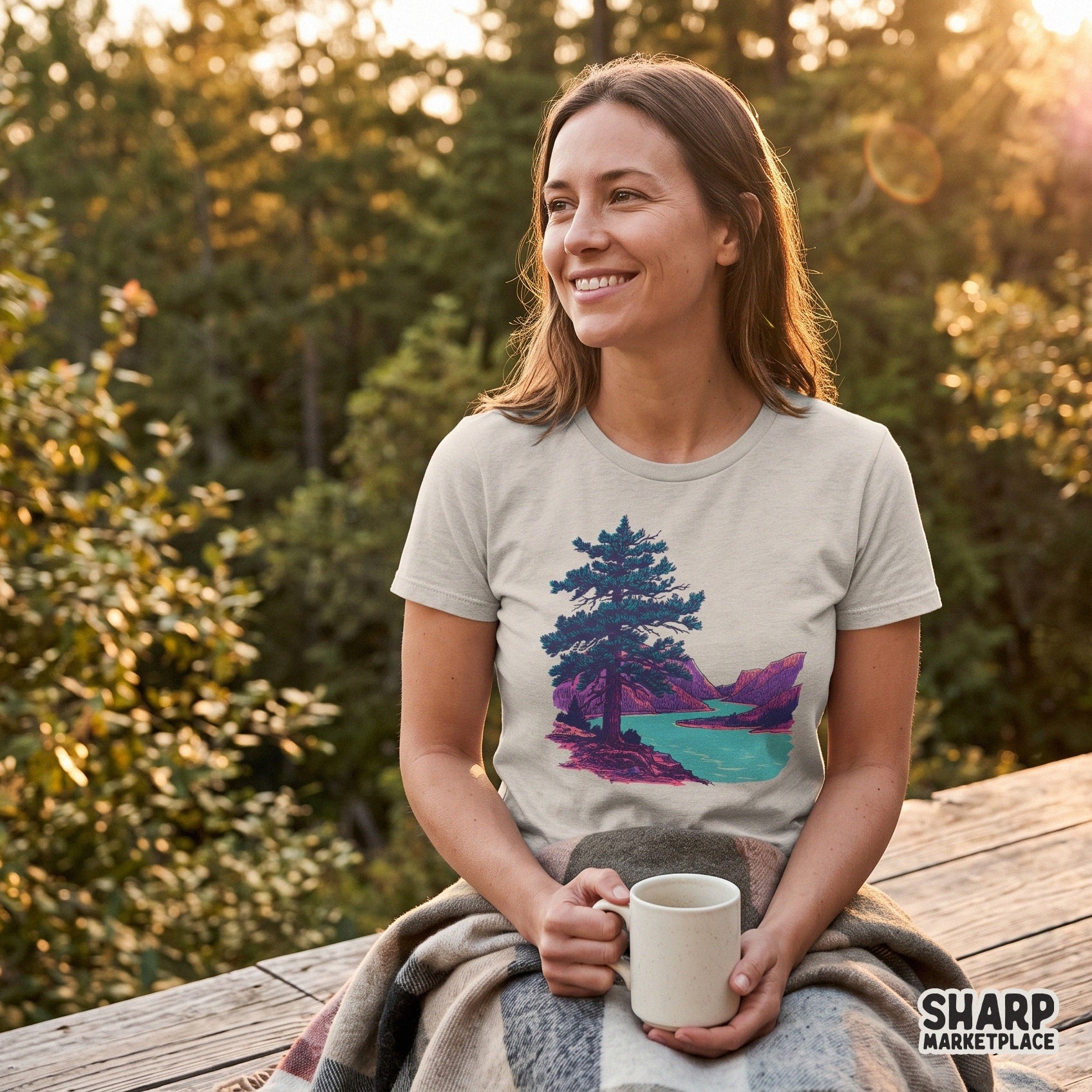 Teal and purple sketched pine tree by a river mountain landscape sublimation design for trendy camping shirts