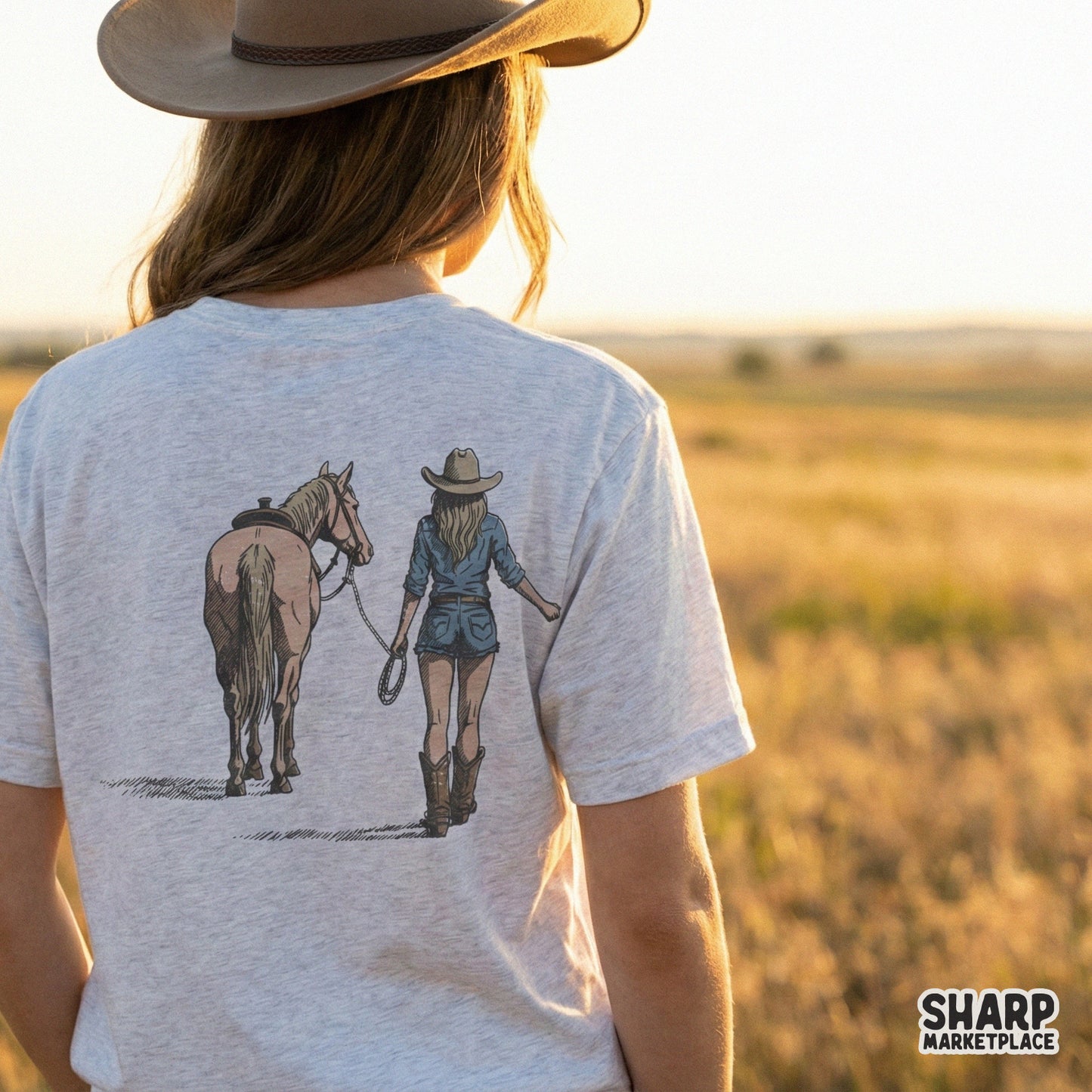 Vintage style cowgirl and horse sketch in denim blue and earthy brown, ideal for creating custom western apparel, wall art, or DIY country-themed gifts.