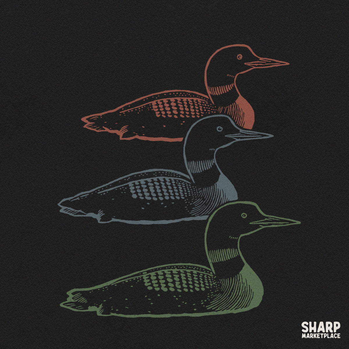 Three vintage loons water bird illustration for retro lake aesthetic and nature hunting shirt designs
