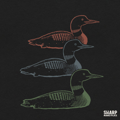 Three vintage loons water bird illustration for retro lake aesthetic and nature hunting shirt designs