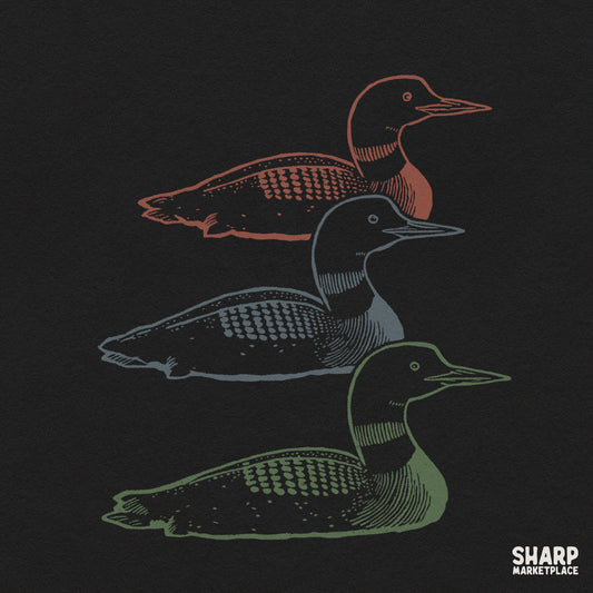 Three vintage loons water bird illustration for retro lake aesthetic and nature hunting shirt designs