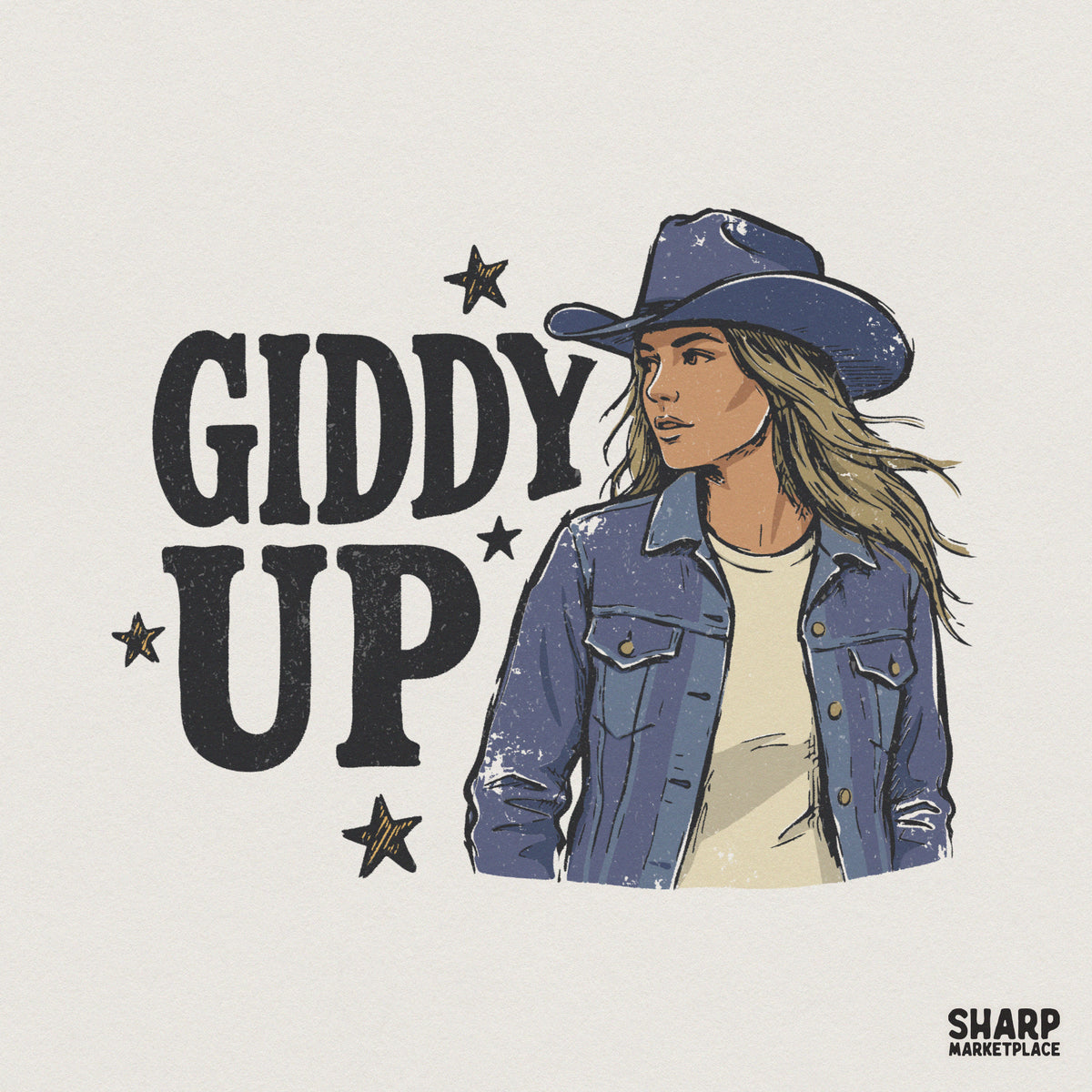 Hand-drawn blonde cowgirl in a denim hat and jacket with Giddy Up text and stars, perfect for western-themed sublimation and apparel printing.