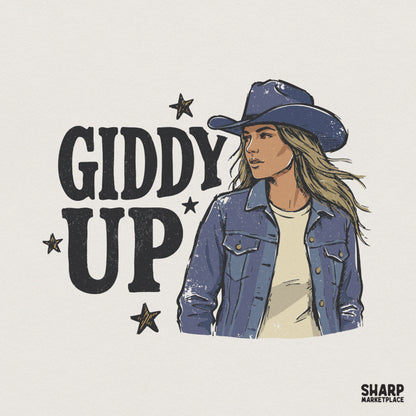 Hand-drawn blonde cowgirl in a denim hat and jacket with Giddy Up text and stars, perfect for western-themed sublimation and apparel printing.