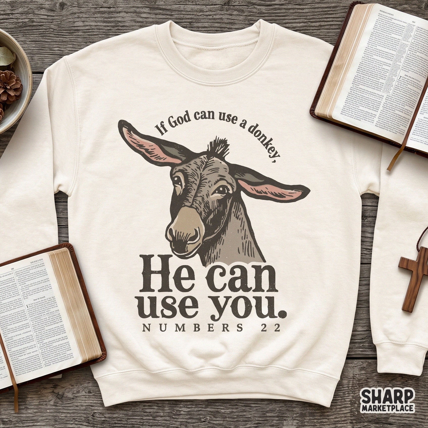 Funny Christian png graphic featuring a biblical humor donkey quote for t-shirt sublimation and faith-based digital download