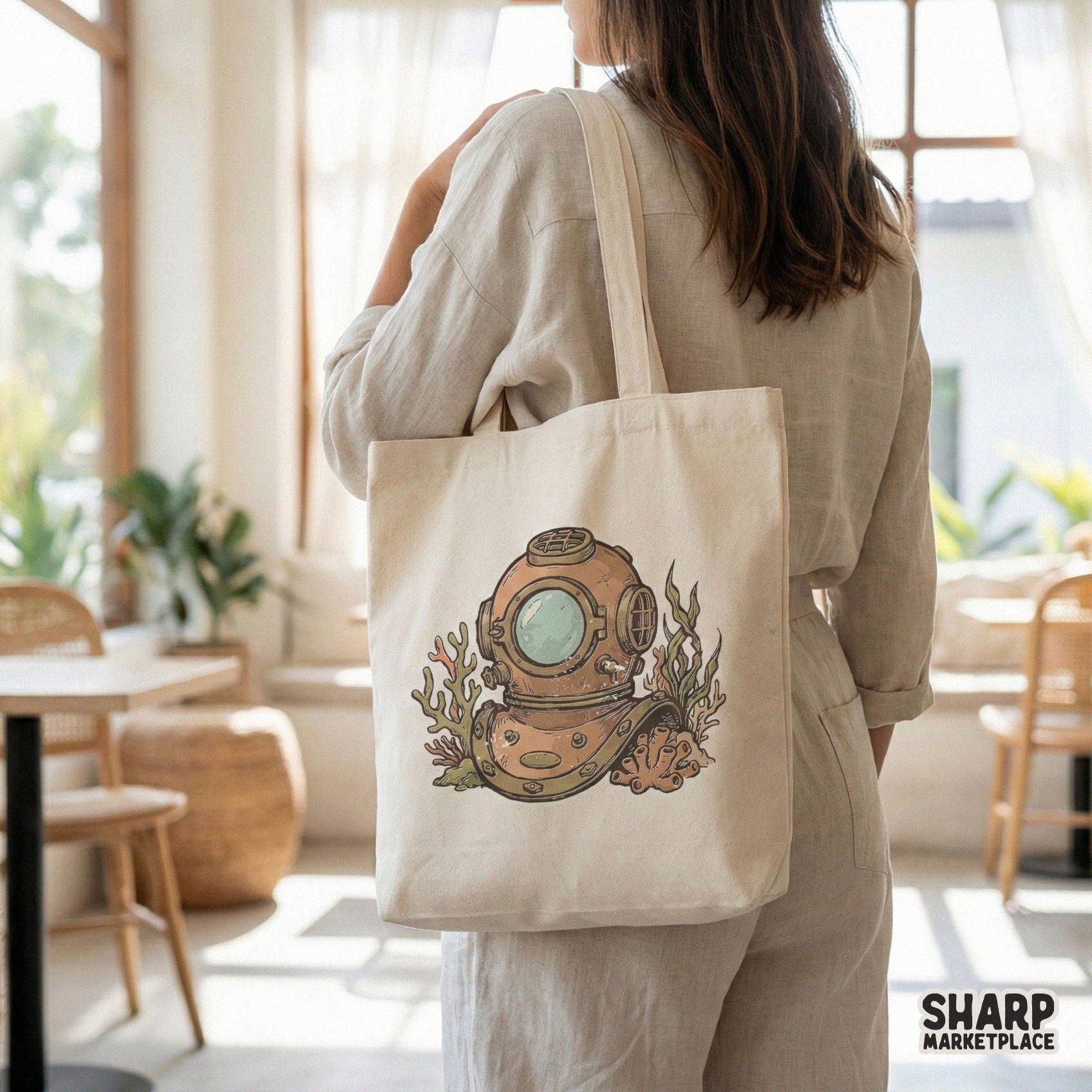 Vintage style underwater diving helmet PNG with muted orange and olive tones, ideal for creating custom tumblers, hoodies, and nautical gifts.