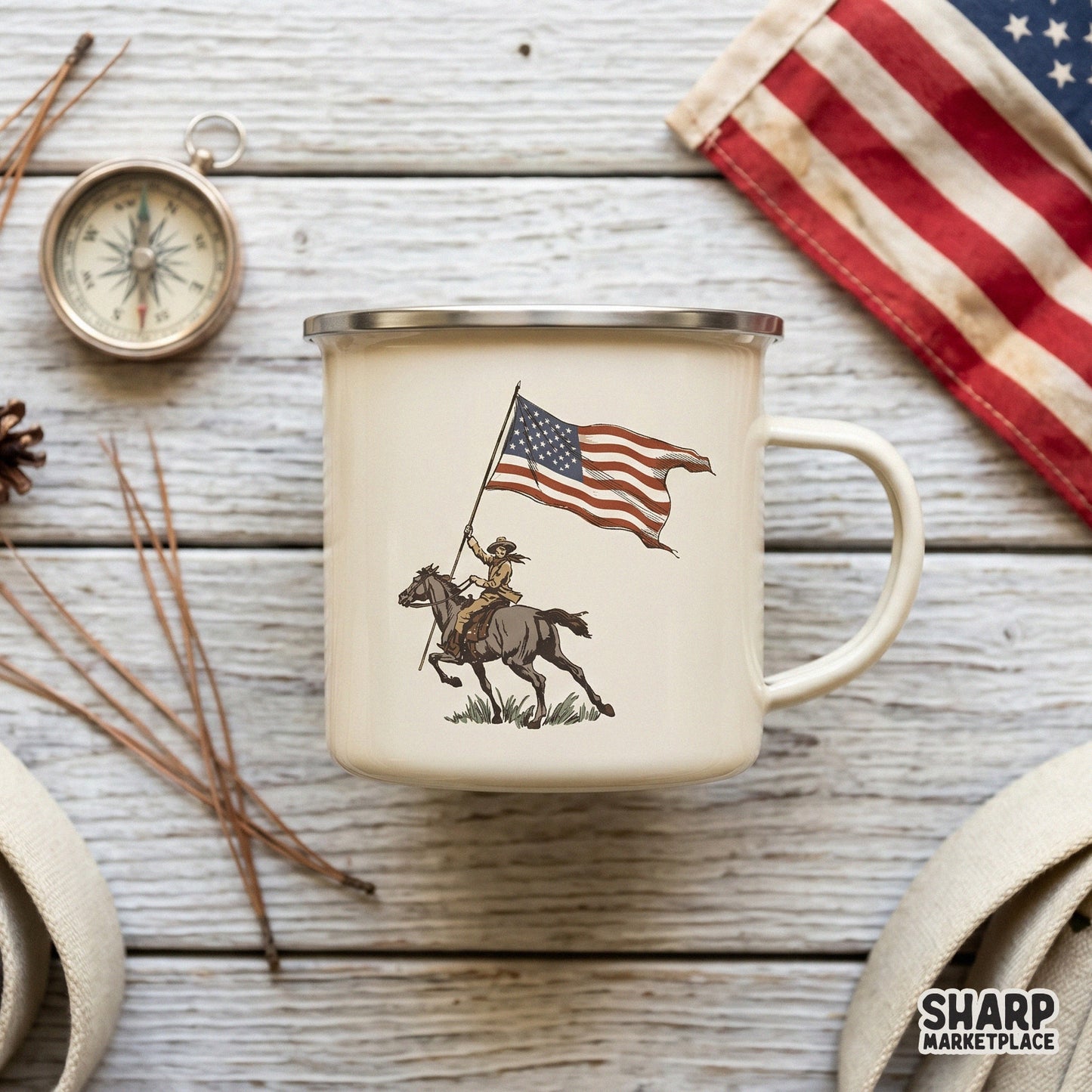 Vintage cowboy riding a horse with an American flag in a retro patriotic western sublimation design for shirts