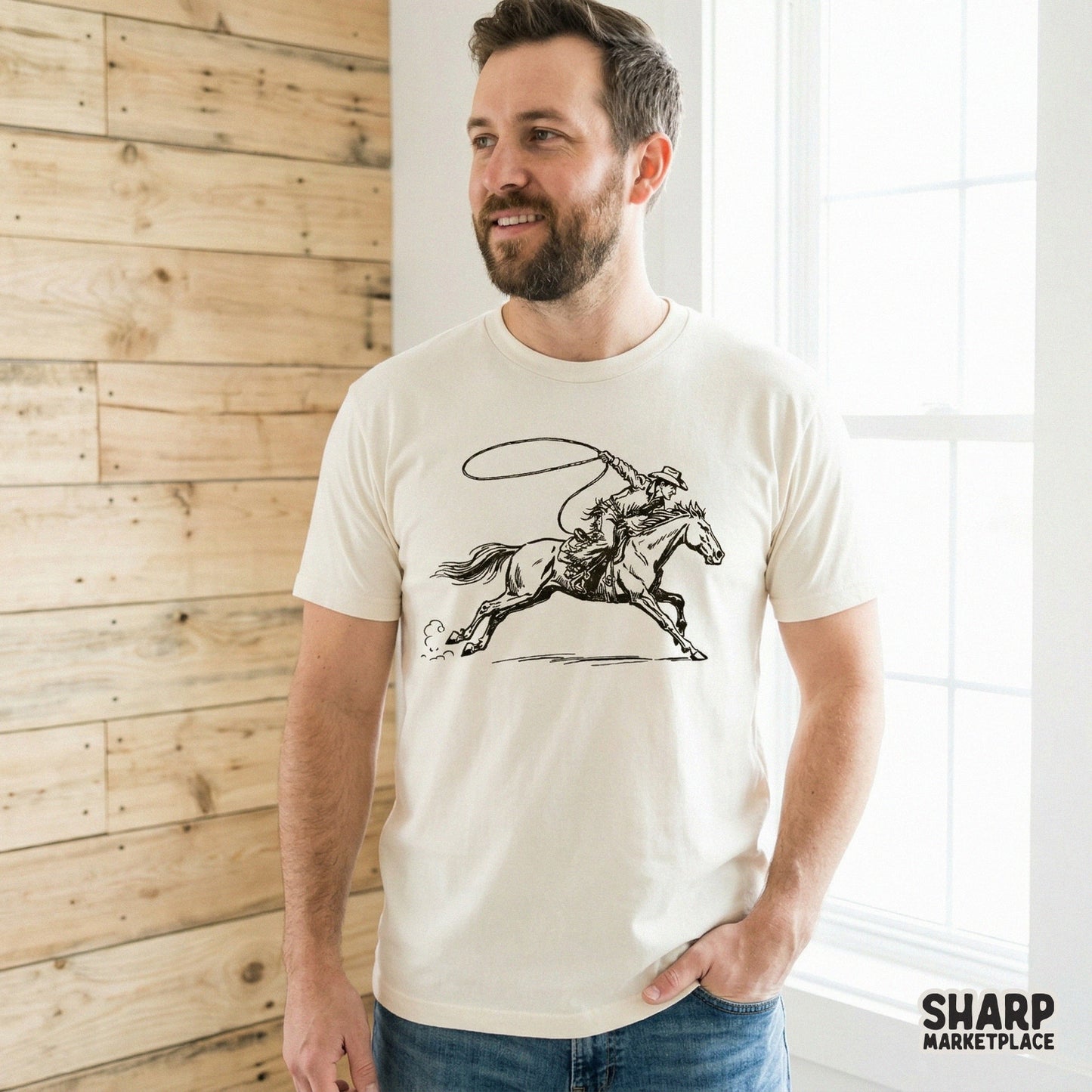 Rustic western design featuring a lasso-swinging cowboy on horseback, rendered in a detailed line art style suitable for custom t-shirts and gifts.