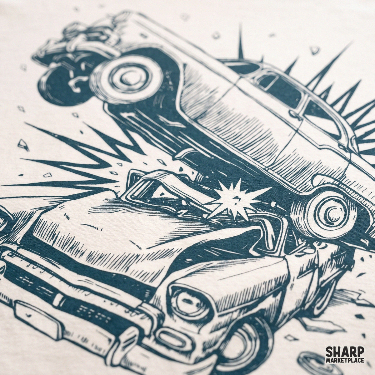 Vintage cars crashing mid air with sparks and debris, action retro car crash PNG graphic for t-shirts and sublimation